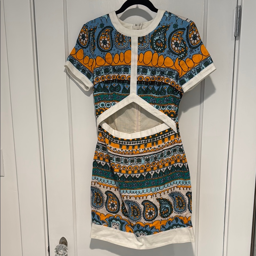 STAUD Blue and Orange Patterned Mini Dress